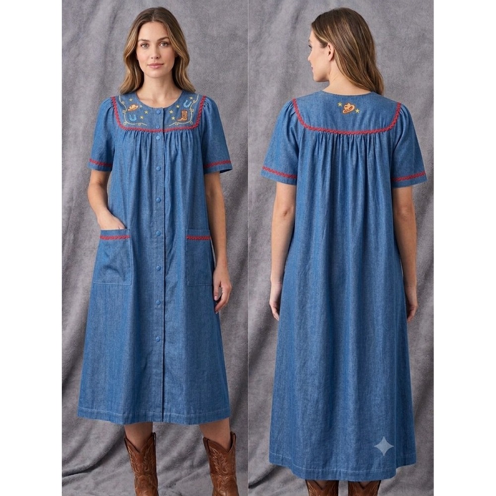 Go Softly Patio House Dress Duster MuMu S Embroidered Snap Front Western NWT